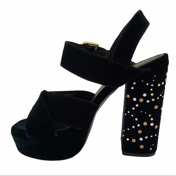 MAJE Studded Dark Green Velvet Platform Sandals - Picture 6 of 16